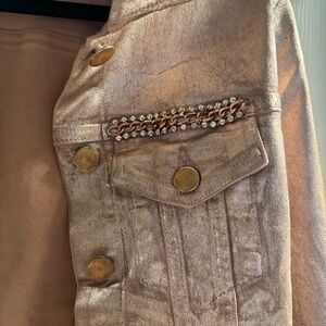 Ramy Brook Metallic Rose Gold Jean Jacket with Chain & Rhinestone Detail